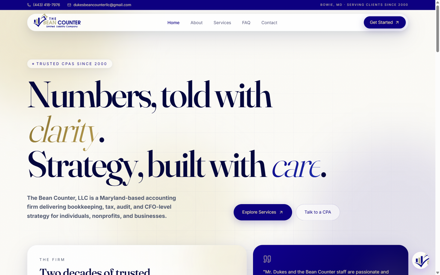 The Bean Counter LLC accounting firm homepage with bold editorial typography