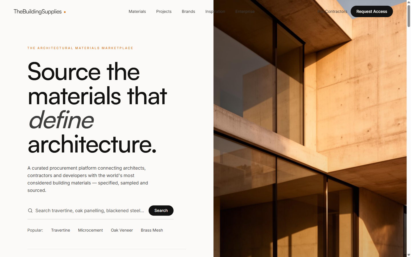 TheBuildingSupplies architectural materials marketplace homepage with search and material catalog