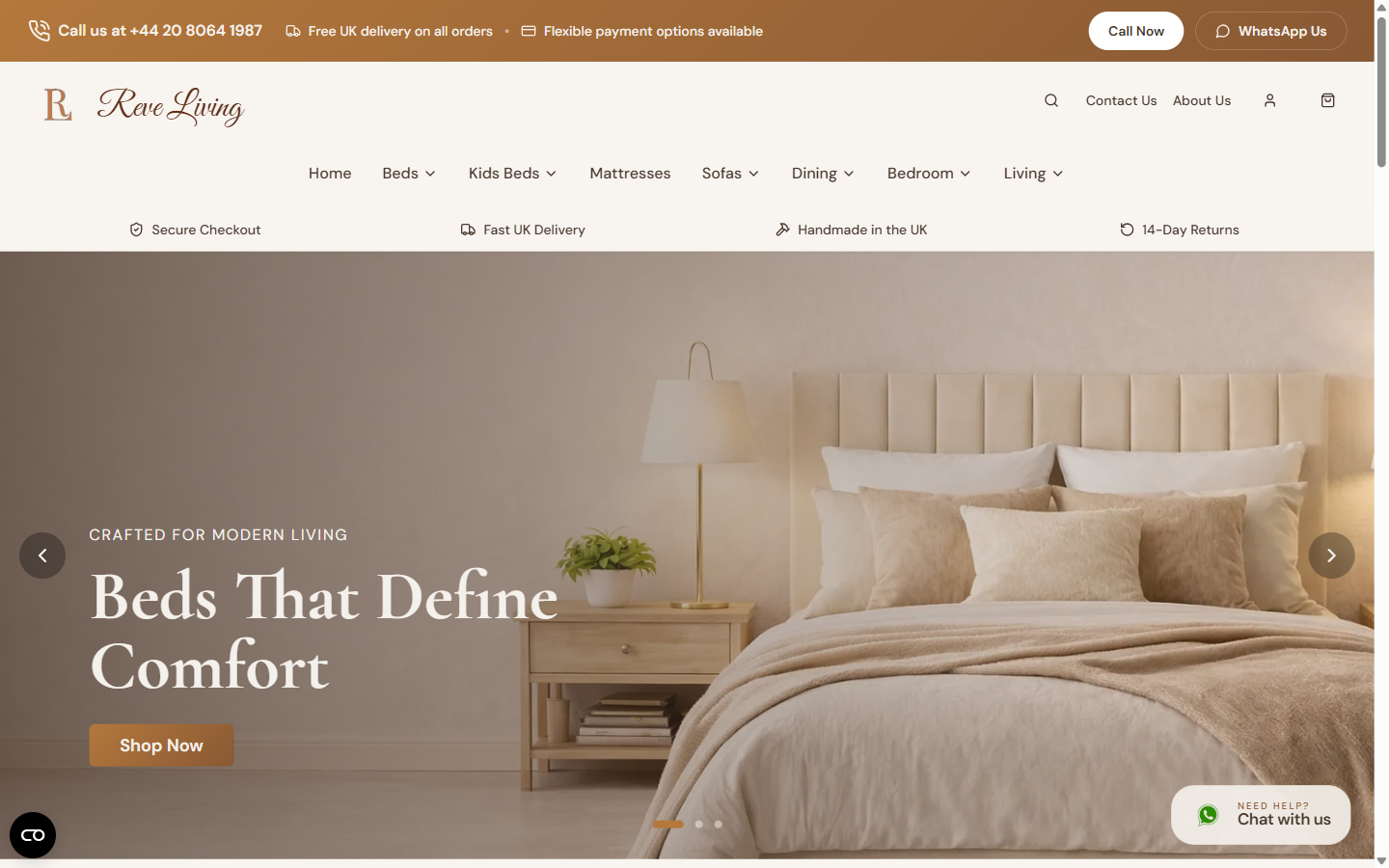 Reve Living homepage showing a bedroom furniture hero banner and product navigation