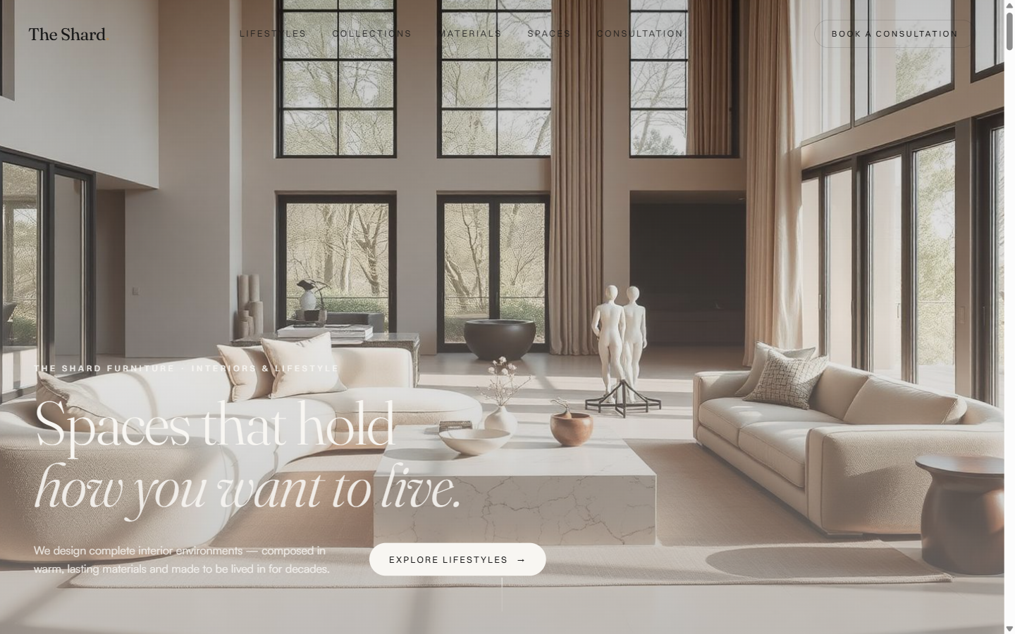 The Shard Interiors homepage showing a warm-toned living room interior photograph