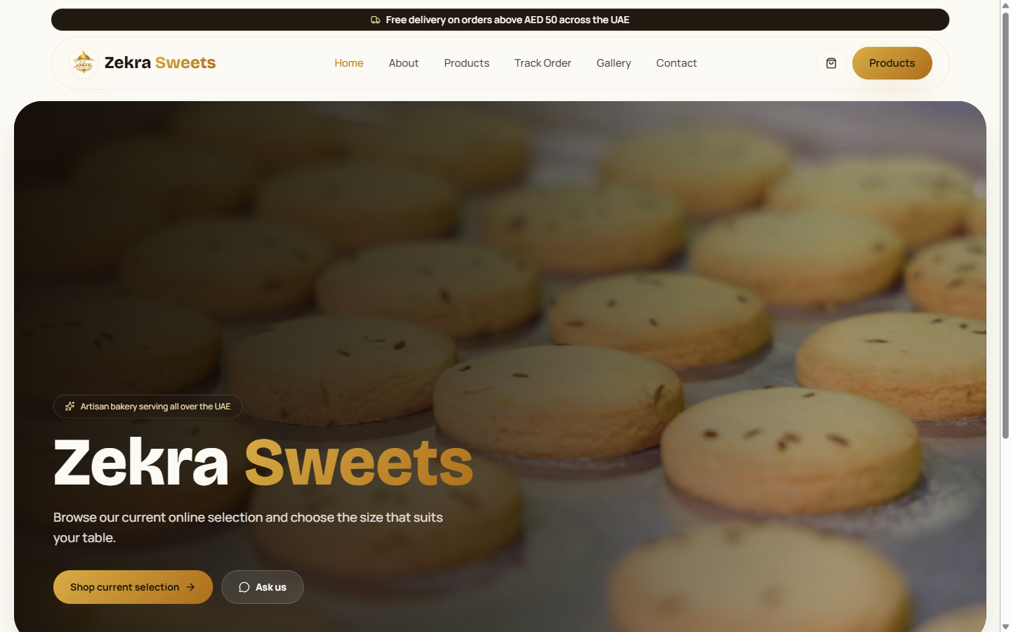 Zekra Sweets homepage showing artisan baked cookies and a UAE-wide delivery banner